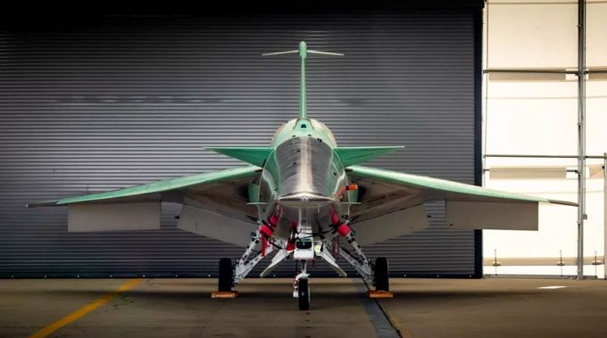 Close-up of the X-59 supersonic aircraft.