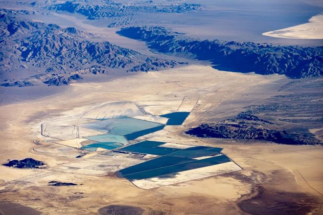 Silver Peak Lithium Mine in Clayton Valley, Nevada, viewed from above.