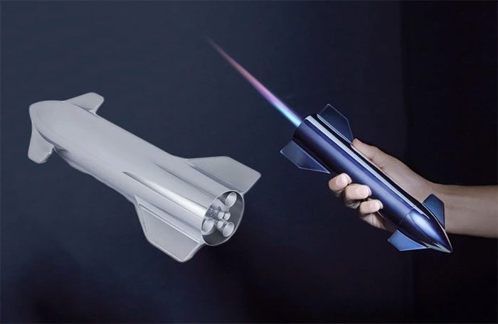Model of the Starship rocket and the Starship Torch gas torch device.