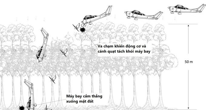 Simulation of the plane's crash into the canopy and its fall into the forest.