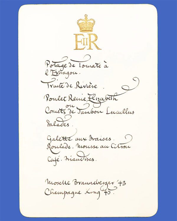 Coronation Chicken, listed as Poulet Reine Elizabeth on the 1953 menu