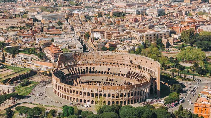 A view of the capital city of Rome with the famous Roman Colosseum