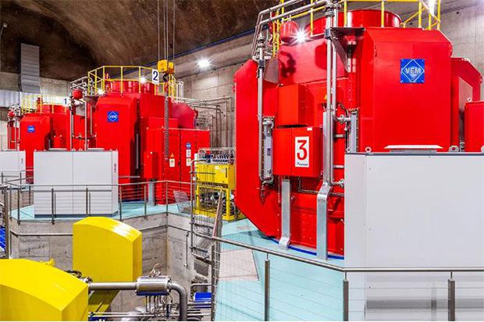 The turbine hall of the underground hydroelectric plant, where water is converted into electricity.
