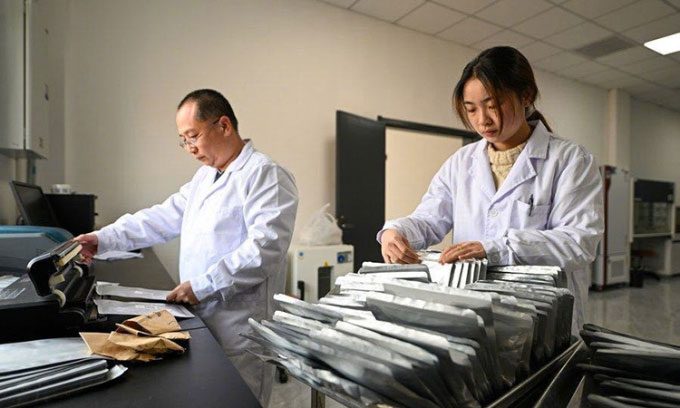 Two researchers pack seeds in aluminum foil bags with barcodes.