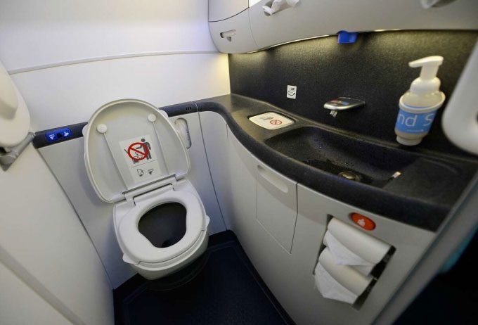Airplane restrooms are among the places with high bacteria levels.