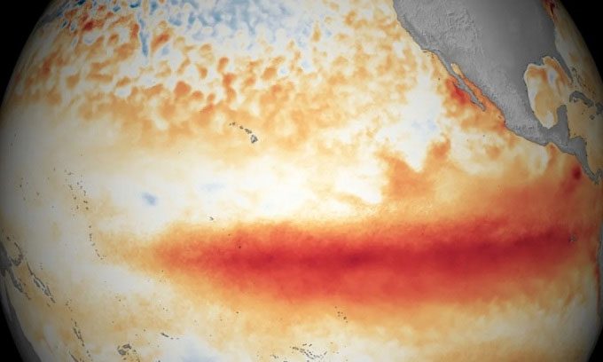 Pacific temperatures rise due to strong El Niño in January 2016.
