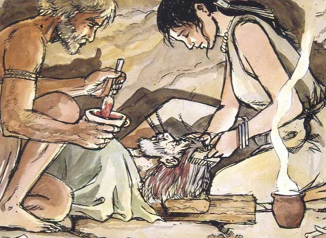 An artist's interpretation of a hair-dyeing ritual inside the cave.