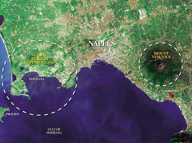 Illustration of the location of Campi Flegrei and its impact area.