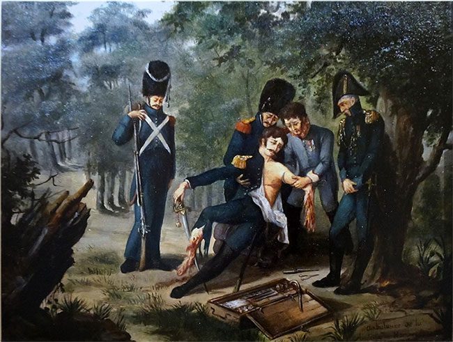 Scene of Dominique Jean Larrey amputating a limb "in emergency" on the battlefield of Hanau.