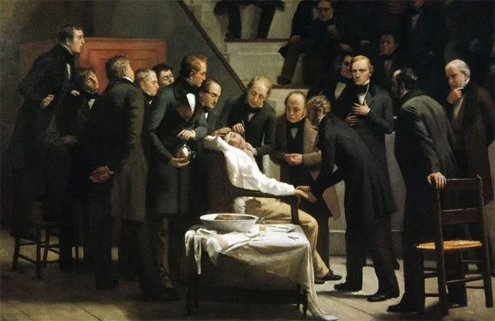 Scene of the first anesthesia in Boston hospital. Morton holding the gas inhaler.