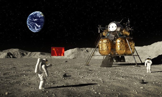 Illustration of astronauts planting the Chinese flag on the Moon.