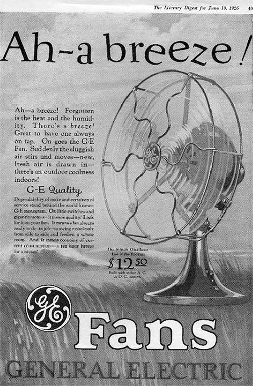 An advertisement for an electric fan produced by General Electric in 1926.
