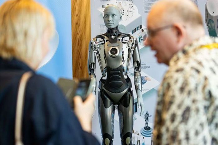 Robot Ameca at the AI for Good Global Summit in Geneva, Switzerland.