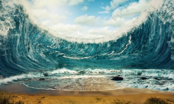 Simulation of a tsunami approaching the beach.