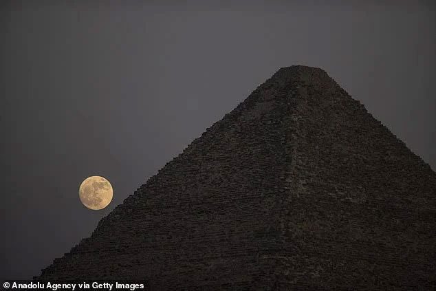 The supermoon beside the Great Pyramid of Giza, Egypt