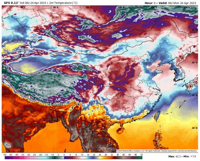 In China, data recorded at 2 PM on April 24 showed temperatures reaching up to 42.2 degrees Celsius