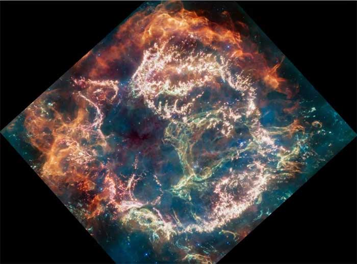 Image captured by the James Webb Telescope of the remnants of the Cas A supernova.