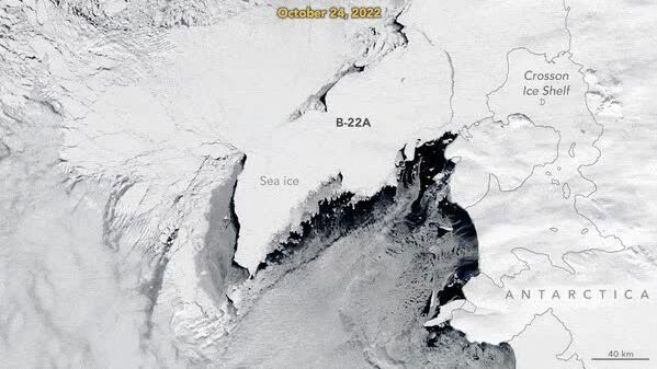 The B-22A iceberg has been drifting away from Antarctica since October 24, 2002