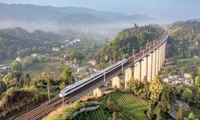 A bullet train passing through a tea garden in Sichuan Province, China.