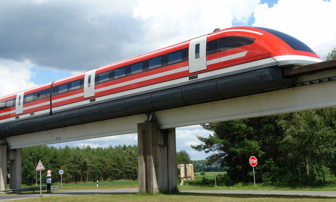 Transrapid 09 at the Emsland test facility in Lower Saxony, Germany.
