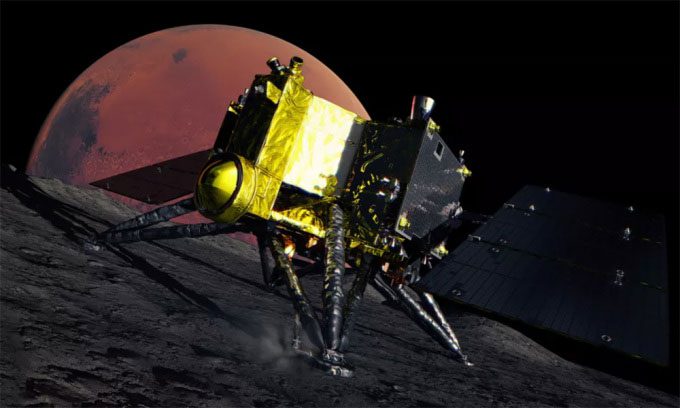 Simulation of Japan's MMX spacecraft landing on Phobos, the largest moon of Mars.