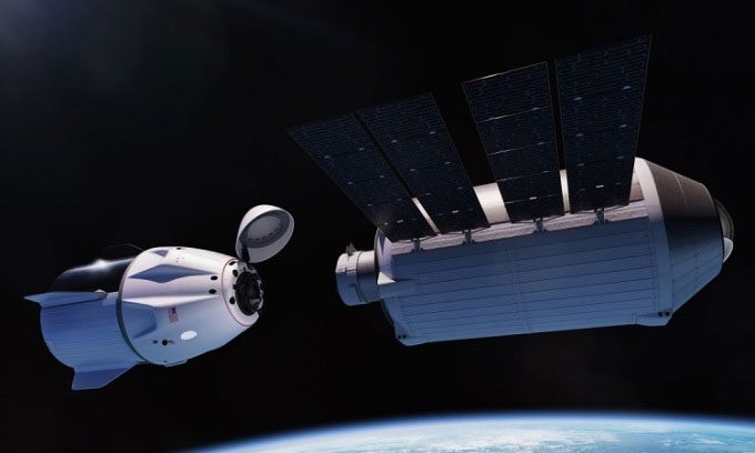 Simulation of SpaceX's Dragon spacecraft traveling to Haven-1.