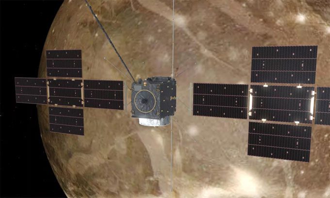 Illustration of ESA's JUICE spacecraft orbiting Jupiter's moon Ganymede.