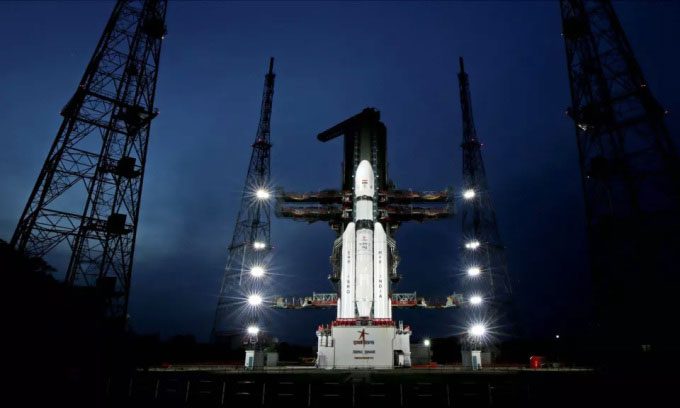 LVM3 rocket with the duo of spacecraft for the Chandrayaan 3 lunar mission on the launch pad