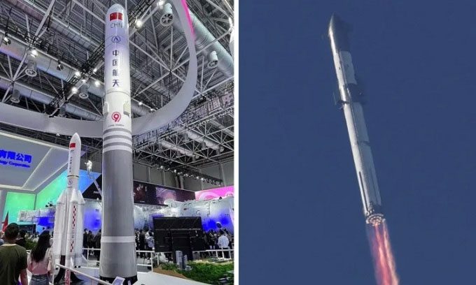 Models of Long March 9 rocket (left) and Starship launch system (right)