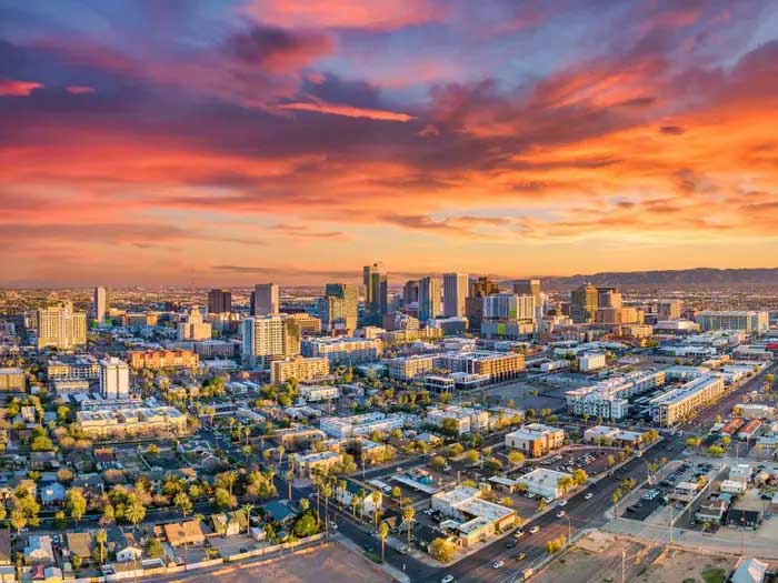 Heat envelops the city of Phoenix, USA.