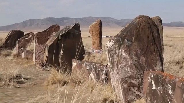 The remnants today show a square enclosure with ancient stone slabs