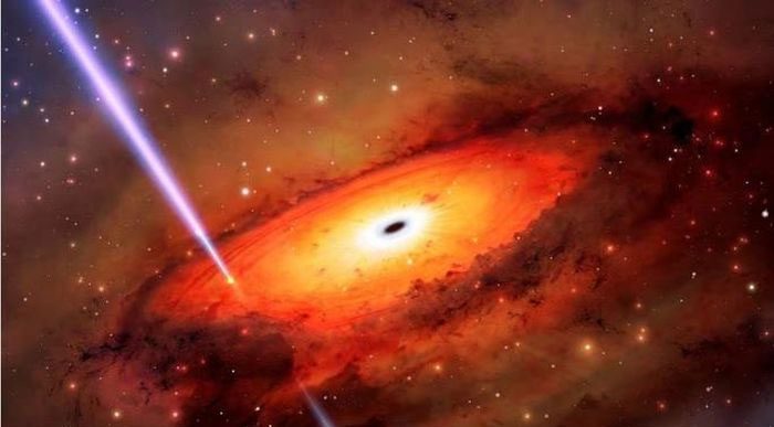 Graphic illustration of intense gamma rays from the collision of two neutron stars near a black hole