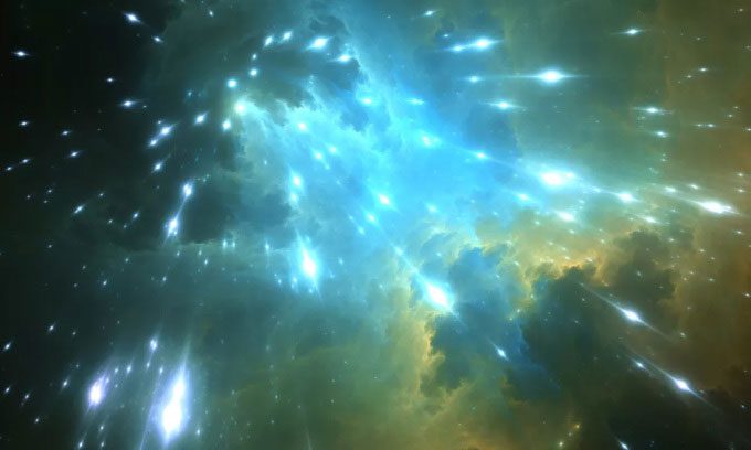 Illustration of cosmic rays striking Earth from space.