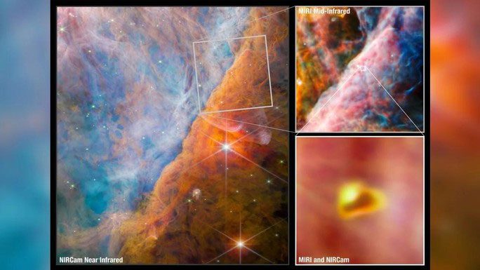 Orion Nebula and the magnified area containing signs of impending life