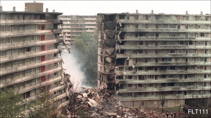 The horrific scene at the apartment building struck by the aircraft