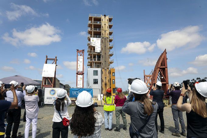  The TallWood wooden building undergoing tests on a "shake table" in San Diego last May. 