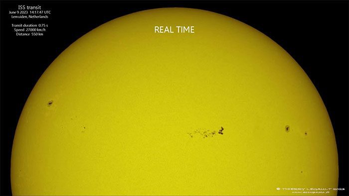 The ISS passes in front of three clusters of sunspots.