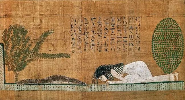 A painting made of papyrus illustrating Neferusobek's worship of the crocodile god Sobek.