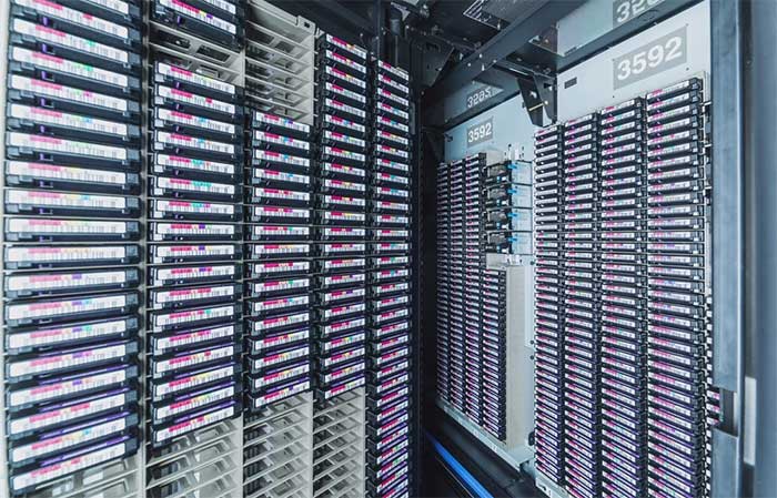Inside a data center that uses magnetic tape for storage.