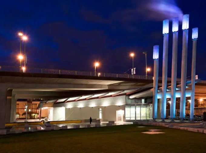 Wastewater heat recovery energy center located under a bridge.