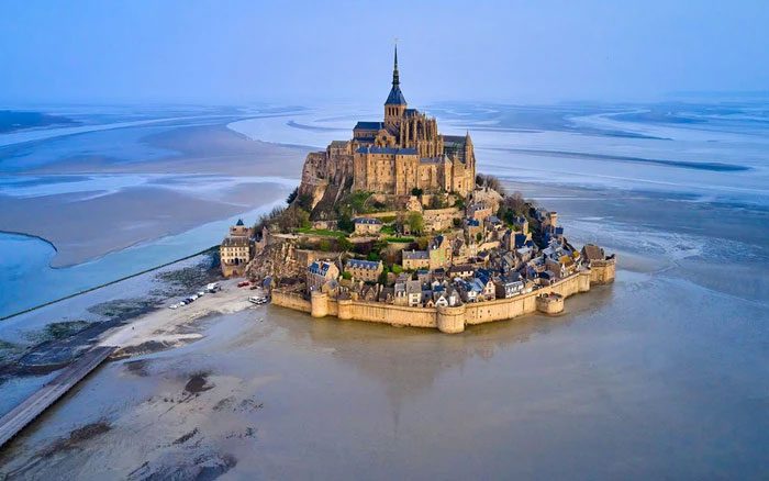 A panoramic view of the abbey in the heart of the sea