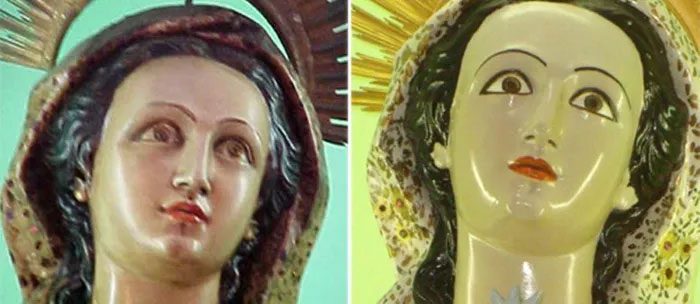 The statue of Saint Barbara appears to be 'made-up' after restoration.