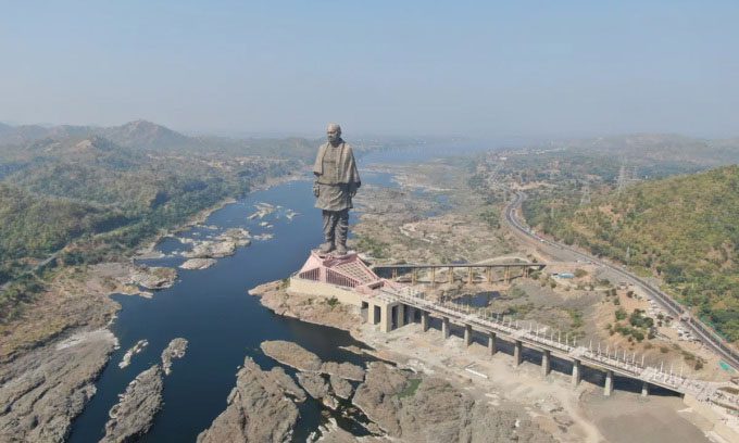 The Statue of Unity stands 182m tall in Gujarat, India.