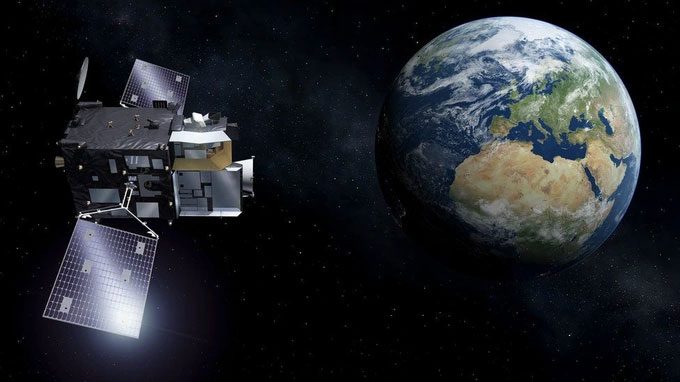 Illustration of Meteosat-12 satellite operating in Earth's orbit.
