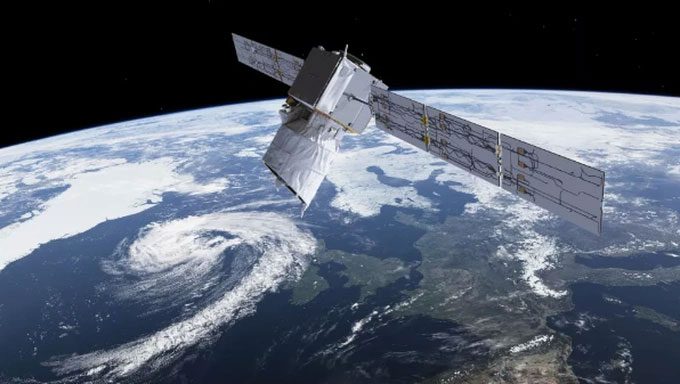 Illustration showing the Aeolus satellite operating in low orbit.