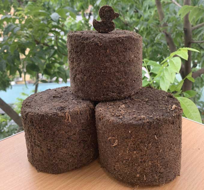 Biomass pellets from coffee grounds created by the Coffuel team.