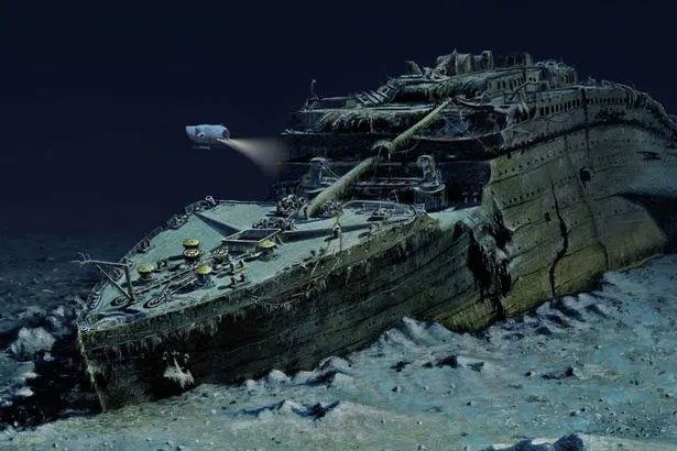 The wreck of the Titanic on the ocean floor.