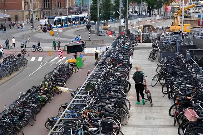 A bicycle parking area in the Netherlands.
