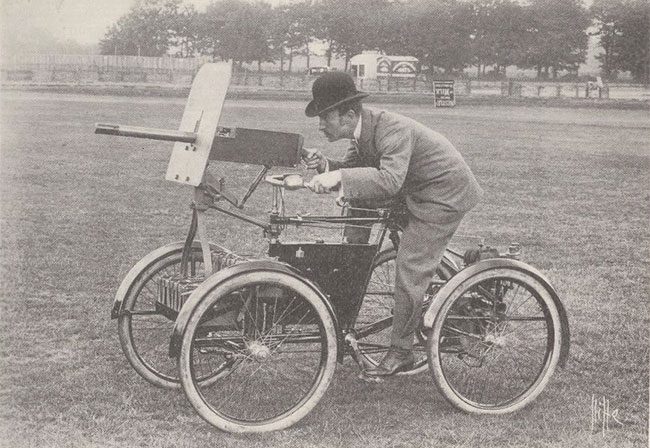 Simms testing the 1899 Motor Scout Quadricycle.