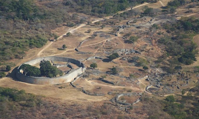 Ruins of Great Zimbabwe viewed from above.